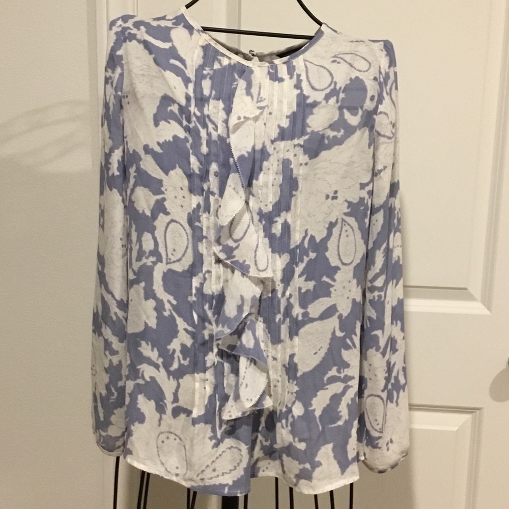 Banana Republic Blue and White Paisley Ruffle Front Blouse